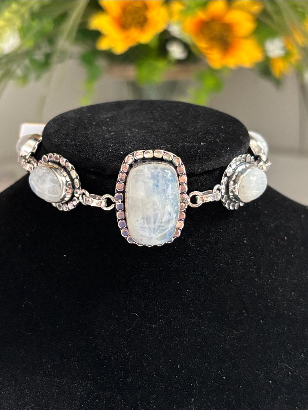 Silver Rainbow Moonstone Gemstone Bracelet - Iridescent White Cabochons